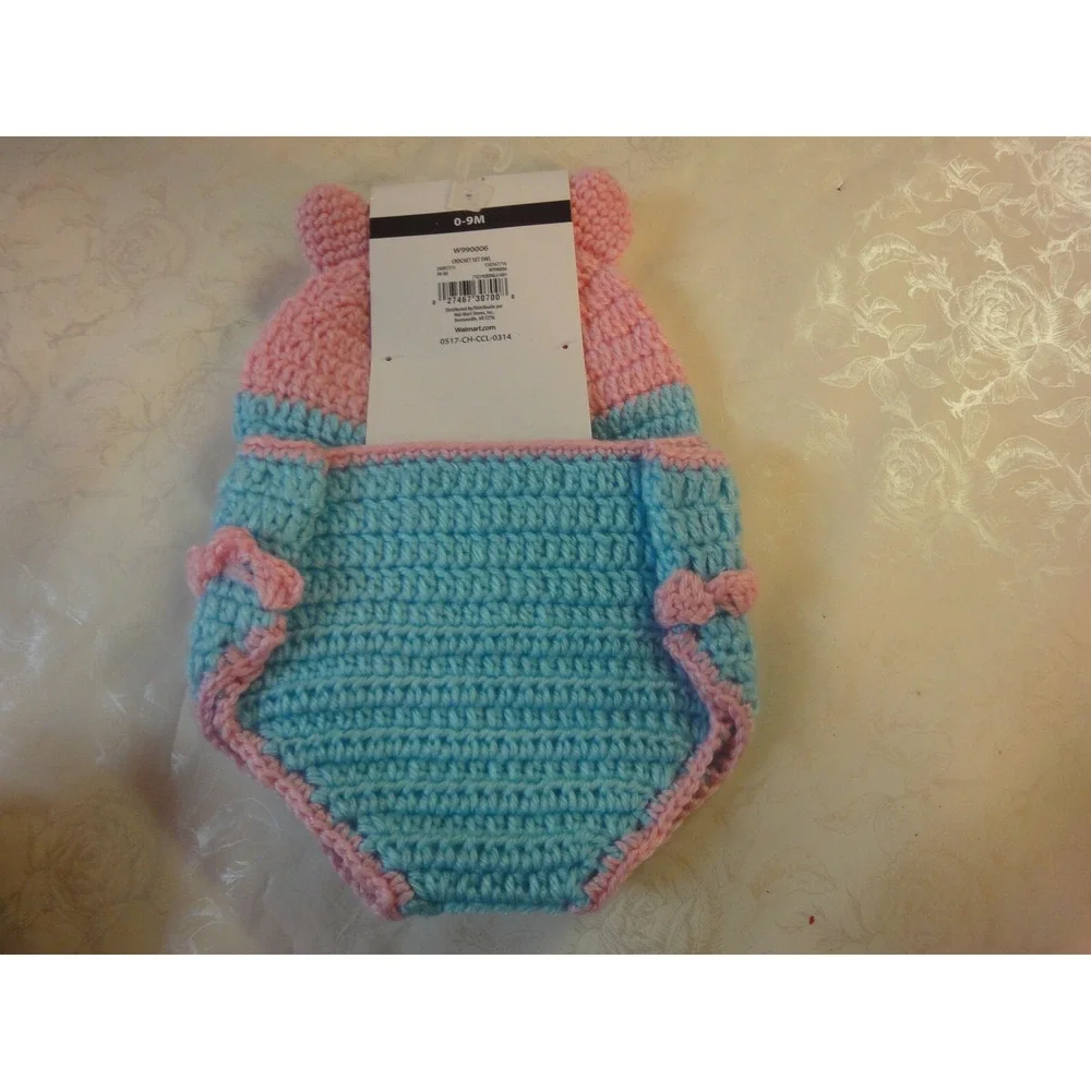 Hand crochet OWL 2 piece hat and diaper‎ cover infant 0-9M baby set NWT